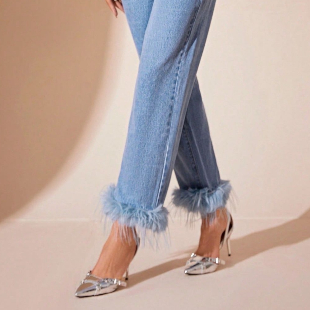 Faux Fur Plush Ankle High-Rise Waist Relaxed Fit Jeans Straight Leg Denim Pants